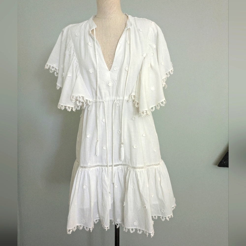 Farm Rio Anthro White Boho Dress with Daisy Embroidery Lace Details - S - Cotton